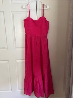 Anthropologie Marisol Hot Pink Gauze Cotton Sleeveless Smocked Maxi Dress Large